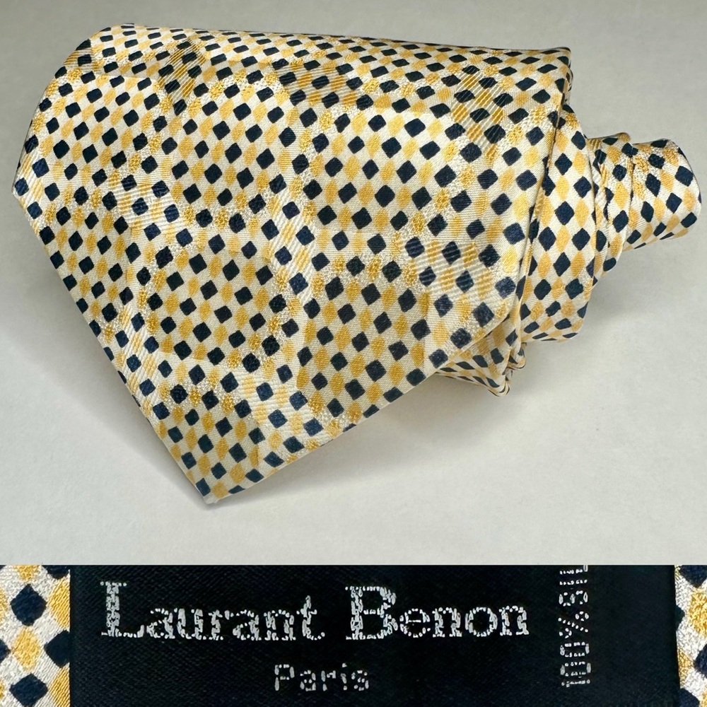 LAURANT BENON PARIS Gold & Blue Geometric Subtle Sheen Classic Silk Tie